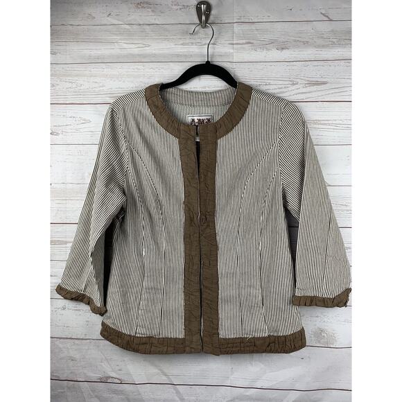 AMX‎ Jacket Womens small Animal Brown striped Cotton Cream & Brown With Ruffles - Picture 1 of 5